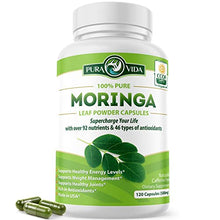 Load image into Gallery viewer, PURA VIDA MORINGA Moringa Capsules Single Origin Organic Moringa Powder. Moringa Leaf. Energy, Metabolism, & Immune Support. 120ct. 500mg Caps.