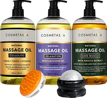 Load image into Gallery viewer, Cellulite, Sore Muscle & Lavender Relaxation Massage Oils with Roller Massage Ball and Massager Mitt- Perfect Spa Gift Set